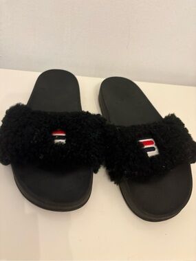 Fila Women's Black Fuzzy Slide Sandals with Red & White Logo